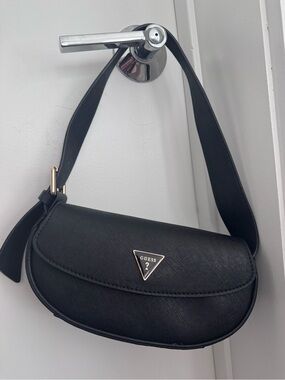 GUESS Black Crescent Shoulder Bag with Gold Logo